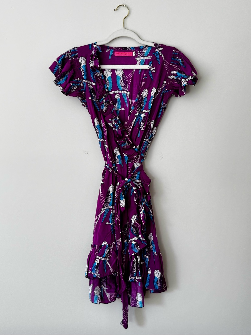 Feather & Find Mini Ruffle Wrap Dress, Purple & Blue Parrot Print – Size Small